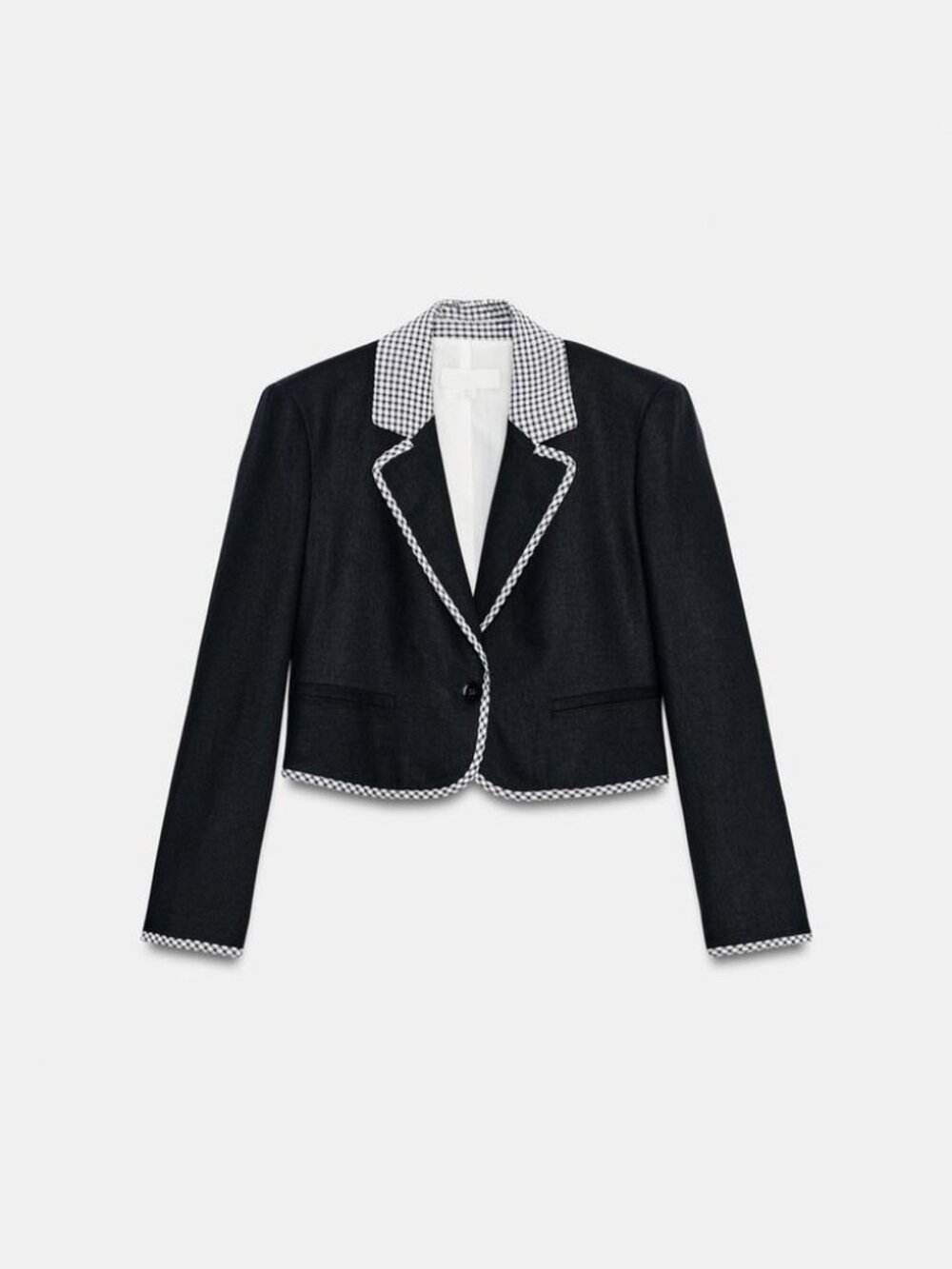 ZARA ZW COLLECTION GINGHAM CHECK SHORT BLAZER NAVY BLUE Small NWT